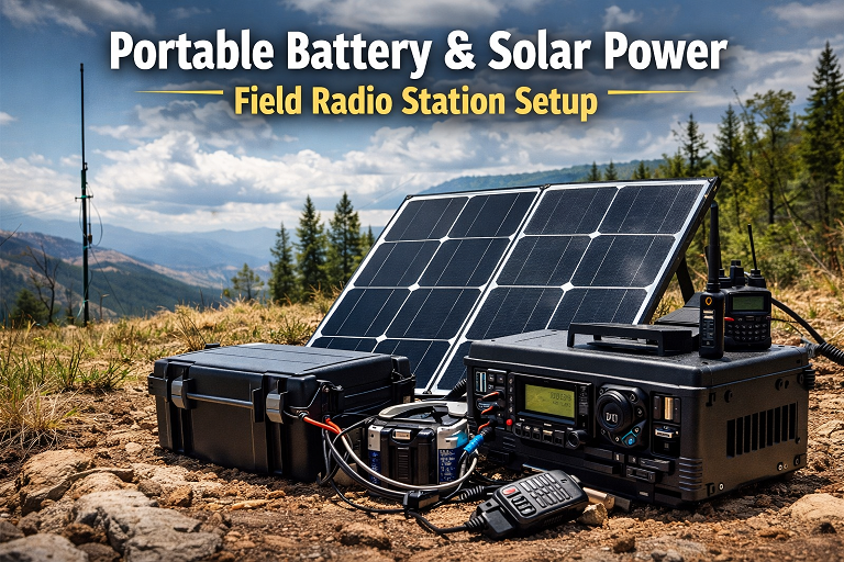 Portable battery and solar power setup for field radio station
