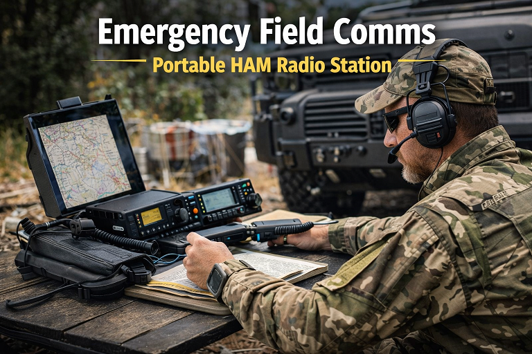 Emergency field communications setup using portable HAM radio station